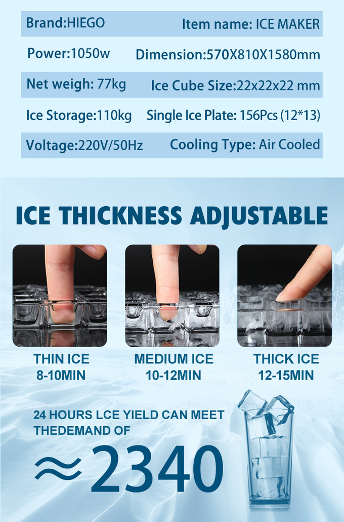 150kg Otomatik Buz Makinesi 110kg Depolama Havası Soğutma Ticari Buz Küpü Makinesi 8