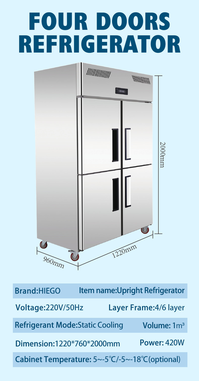 6 Kapılı Paslanmaz Çelik Dikey Buzdolabı R134a 1600L Doğrudan Soğutma 9