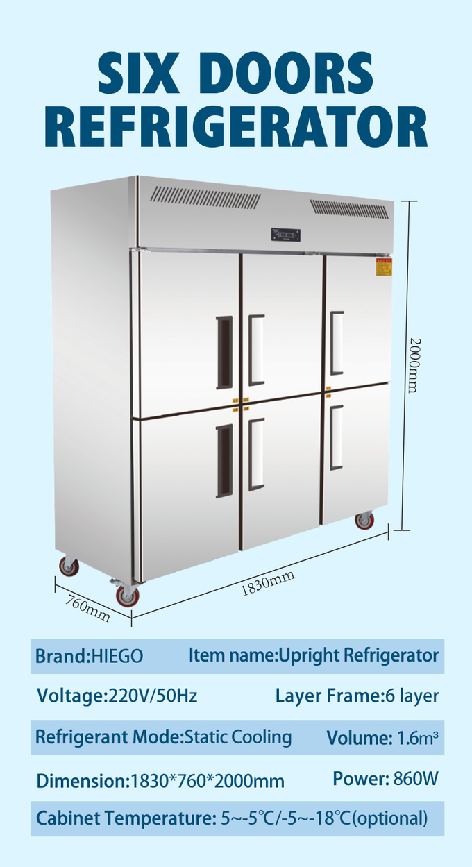 6 Kapılı Paslanmaz Çelik Dikey Buzdolabı R134a 1600L Doğrudan Soğutma 10